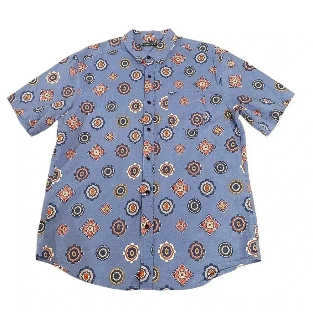 Cubavera 100% Cotton Blue Medallion Button Down Short Sleeve Shirt Men’s Large